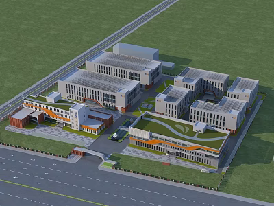 Modern Industrial Factory Complex With Multiple Buildings Green Areas And Parking Spaces 3d model