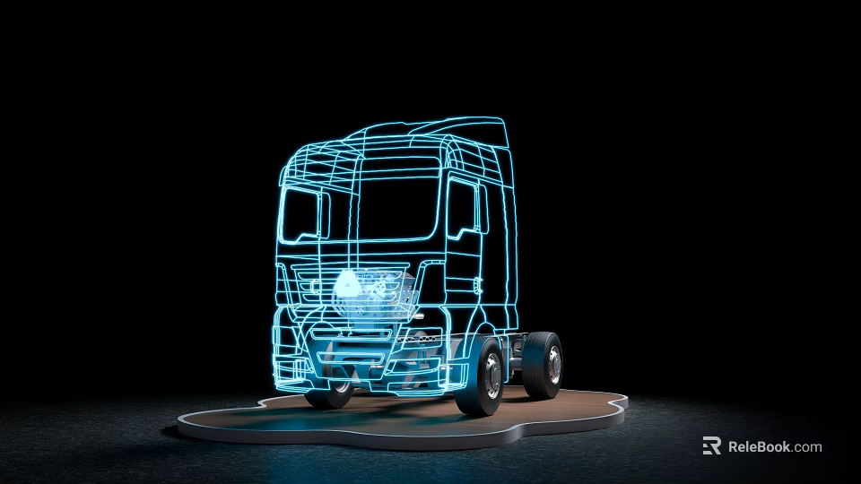 Truck Shaped Art Installation With Blue Line Outline And Neon Light Effect On Platform Base 3d model 