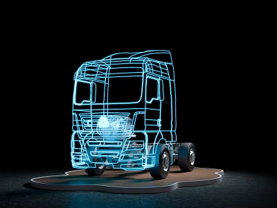 Truck Shaped Art Installation With Blue Line Outline And Neon Light Effect On Platform Base 3d model