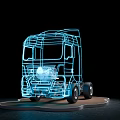 Truck Shaped Art Installation With Blue Line Outline And Neon Light Effect On Platform Base