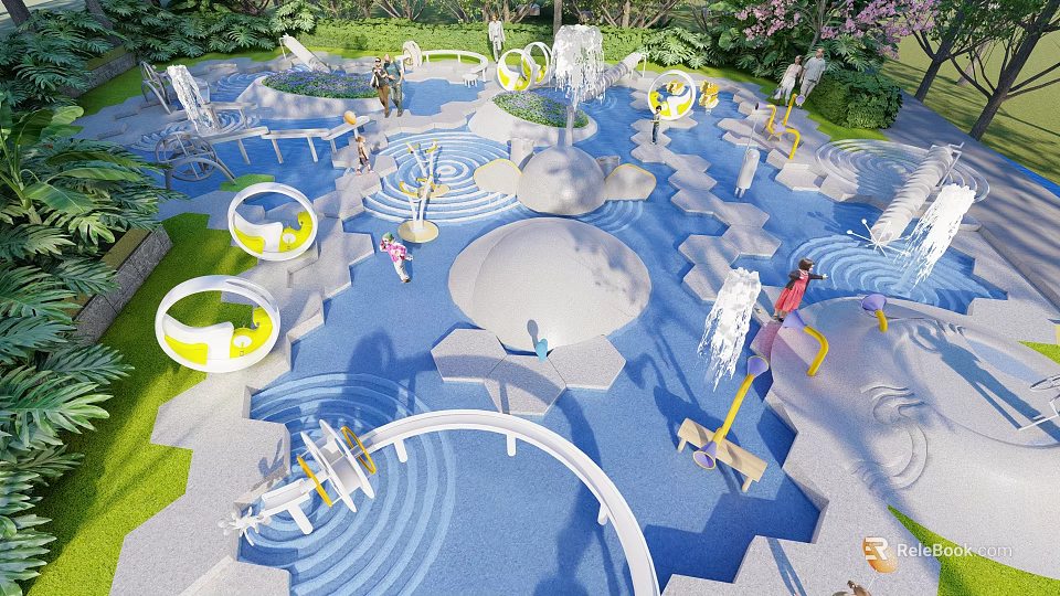 Vibrant Children's Playground With Water Elements Play Structures And Kids Playing Outdoors 3d model 