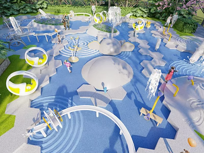 Vibrant Children's Playground With Water Elements Play Structures And Kids Playing Outdoors 3d model