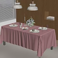 Dining Table With Red Tablecloth Plates Glasses Flower Bouquet Candles And Pendant Lights