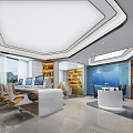 Modern Hotel Lobby Interior With Reception Desk Blue Walls And Comfortable Yellow Sofas