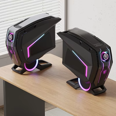 Modern Black Gaming PC Cases Featuring RGB Purple Blue Lighting Angular Design On Wooden Desk 3d model