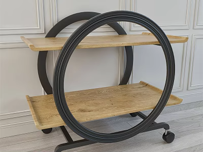 Modern Shelf Unit with Black Circular Frame Wooden Shelves and Wheels on White Paneled Wall 3d model