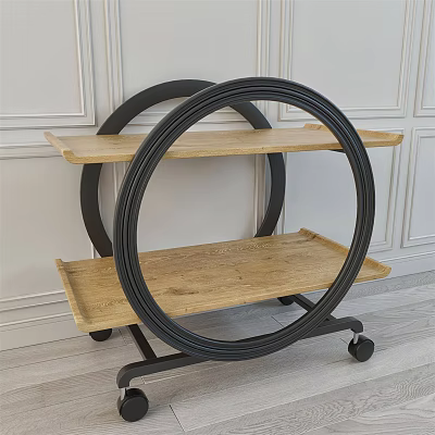 Modern Shelf Unit with Black Circular Frame Wooden Shelves and Wheels on White Paneled Wall 3d model
