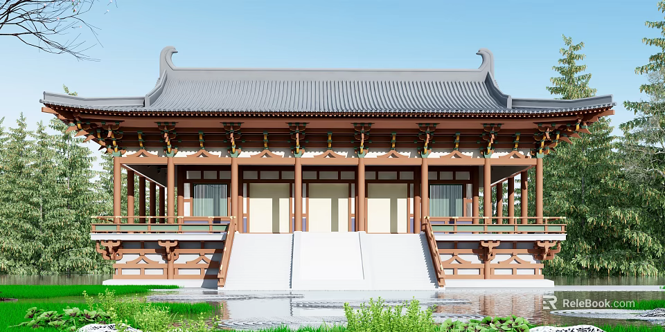 Ancient Chinese Architecture Featuring Curved Eaves Black Tile Roof Wooden Structure Steps And Water Pond 3d model 