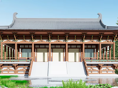 Ancient Chinese Architecture Featuring Curved Eaves Black Tile Roof Wooden Structure Steps And Water Pond 3d model