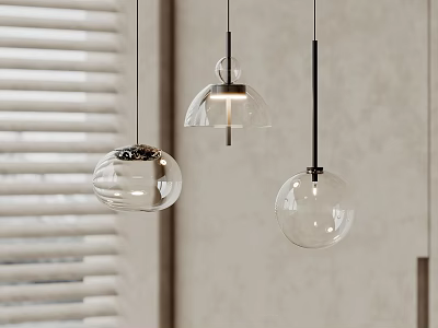 Modern Transparent Glass Pendant Lights With Spherical And Bell Shapes Hanging In Interior Space 3d model