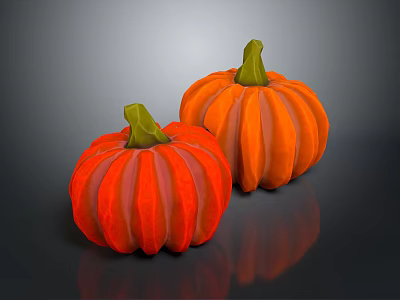 Two Fresh Orange Pumpkins With Green Stems On Black Background And Reflection 3d model