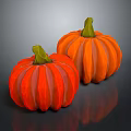 Two Fresh Orange Pumpkins With Green Stems On Black Background And Reflection