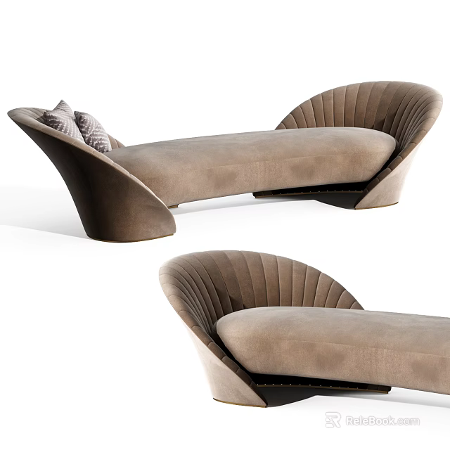 Modern Curved Chaise Lounge With Beige Velvet Upholstery And Decorative Accent Pillows 3d model 