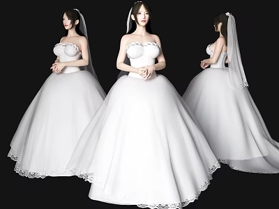 Women In White Wedding Dresses With Veils Showcased From Different Angles 3d model
