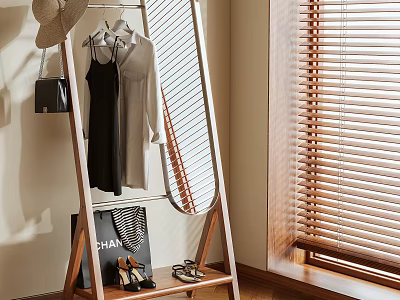 Wooden Clothes Hanger Holding Dresses Shirts with Full Length Mirror Near Window and Wooden Blinds 3d model