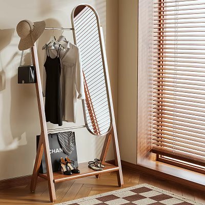 Wooden Clothes Hanger Holding Dresses Shirts with Full Length Mirror Near Window and Wooden Blinds 3d model