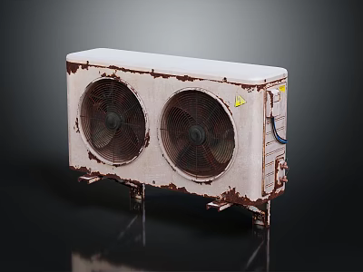 Rusty Off White Air Conditioner Outdoor Unit With Dual Fans And Weathered Surface 3d model