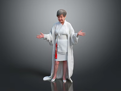 Elderly Person Wearing White Robe With Red Decoration Standing With Open Hands 3d model