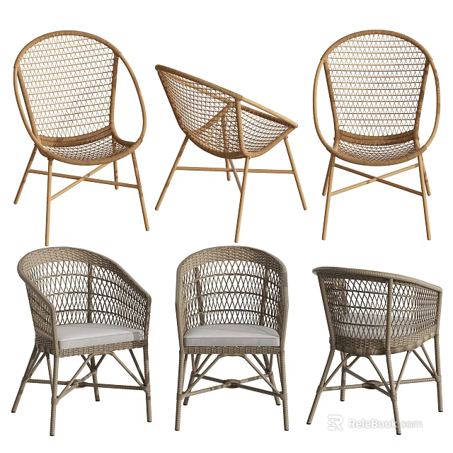 Modern Wicker Leisure Chair With Curved Backrest And Natural Metal Frame Design 3d model 