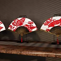 Chinese Style Decorative Fan Ornament Set With Red Butterfly Bird Patterns And Wooden Base