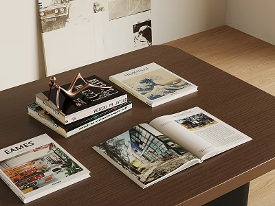 Design Books and Magazines on Wooden Table with Open Pages and Metal Decor 3d model