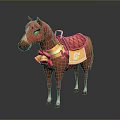 Cartoon Brown Horse With Golden Collar Red Bow Bells And Red Saddle Yellow G Logo