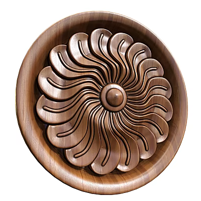 Intricate Circular Wooden Carving With Central Motif And Radiating Petal Patterns 3d model