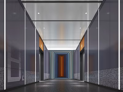 Modern Elevator Hallway Design With Ceiling Lights Metal Panel Walls And Dark Flooring 3d model