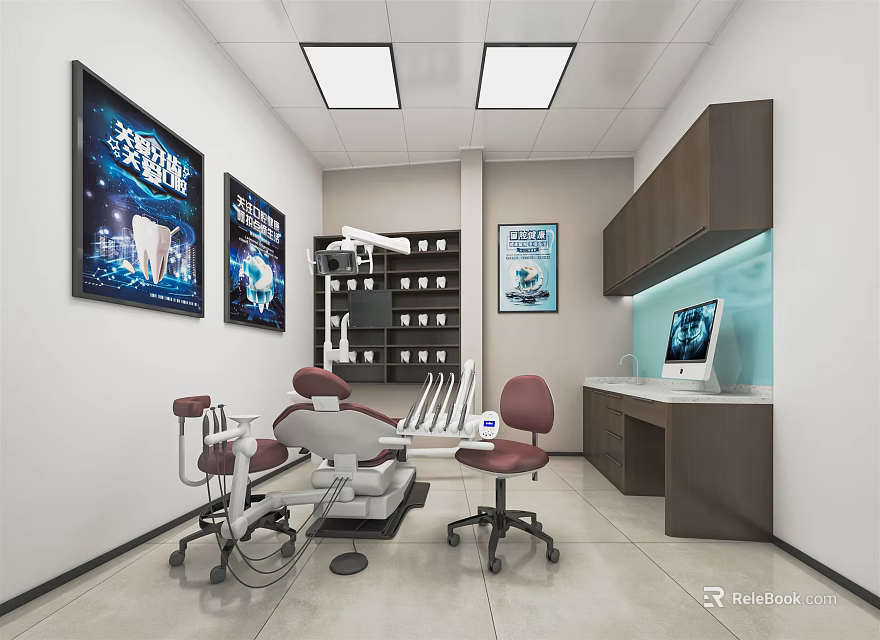 Modern Dental Clinic Interior With Treatment Chair Medical Equipment Cabinets And Computer Workstation 3d model 