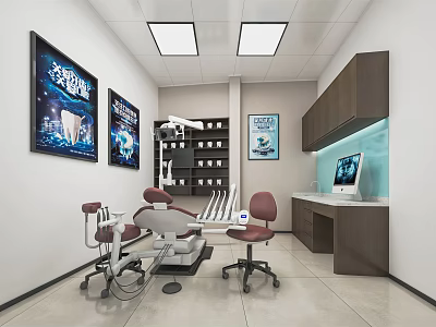 Modern Dental Clinic Interior With Treatment Chair Medical Equipment Cabinets And Computer Workstation 3d model