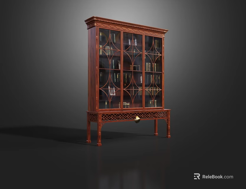 Vintage Wooden Bookcase With Glass Doors Shelves Filled With Books Carved Details And Elegant Legs 3d model 