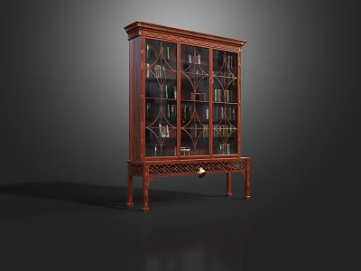 Vintage Wooden Bookcase With Glass Doors Shelves Filled With Books Carved Details And Elegant Legs 3d model