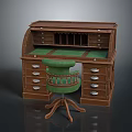 Vintage Wooden Desk With Green Leather Top Multiple Drawers And Green Carved Chair