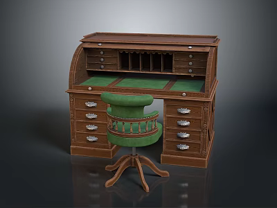 Vintage Wooden Desk With Green Leather Top Multiple Drawers And Green Carved Chair 3d model