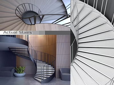 Stylish Modern Spiral Stairs Interior Design With Metal Railings And Wooden Accents 3d model