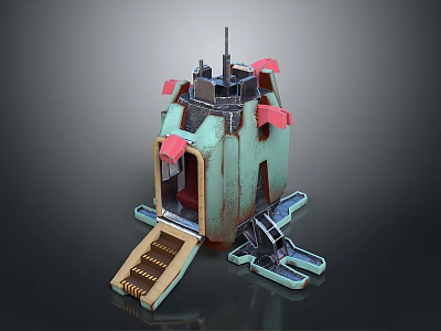 Sci Fi Fortress Structure With Teal Red Accents Tower Platform And Stairs 3d model