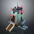 Sci Fi Fortress Structure With Teal Red Accents Tower Platform And Stairs