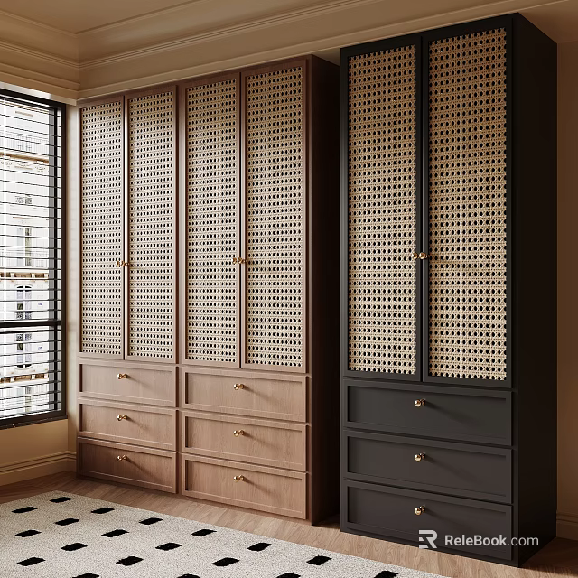 Modern Wooden Wardrobe With Black And White Lattice Doors And Drawers 3d model 