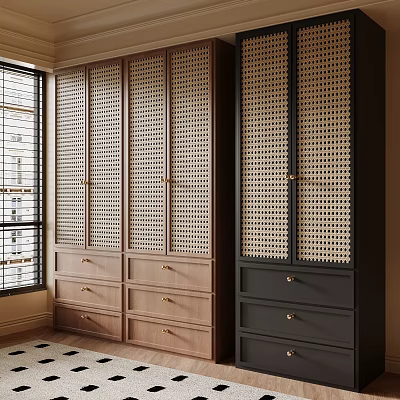 Modern Wooden Wardrobe With Black And White Lattice Doors And Drawers 3d model