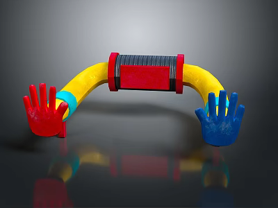 Colorful Hand Shaped Toy With Yellow Curved Body Red Blue Grips And Black Connector 3d model