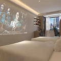 Modern Hotel Guest Room With Twin Beds Wooden Headboard And Blue Walls