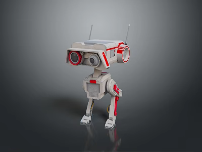 Game And Movie Robot Character With Red White Mechanical Body Circular Eyes And Antennas 3d model