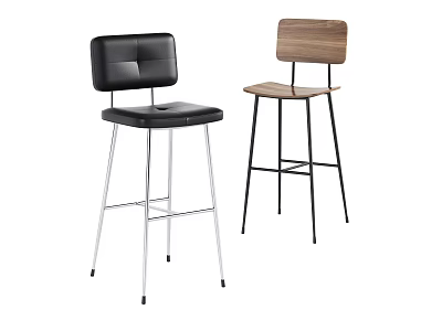 Modern Bar Stools With Black Leather And Wooden Seats And Metal Legs 3d model