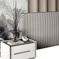 Chinese Style Bedroom Accent Wall With Pine Tree Landscape Vertical Slats And Gray Headboard
