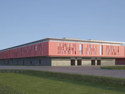 Modern Red Exterior Industrial Factory Building With Large Windows Gray Base And Green Lawn 3d model
