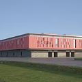 Modern Red Exterior Industrial Factory Building With Large Windows Gray Base And Green Lawn