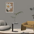 Modern Stylish Interior With White Round And Yellow Curved Chairs Round Rug And Flower Artwork