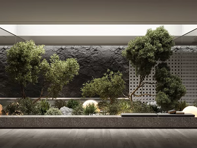Modern Indoor Garden Ornament With Trees Green Plants Stones And Lighting 3d model