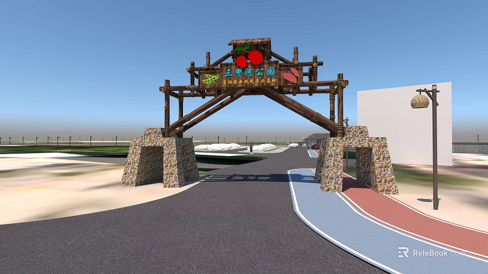 Garden Landscape Entrance Featuring Wooden Archway Stone Pillars And Colorful Decorations 3d model 