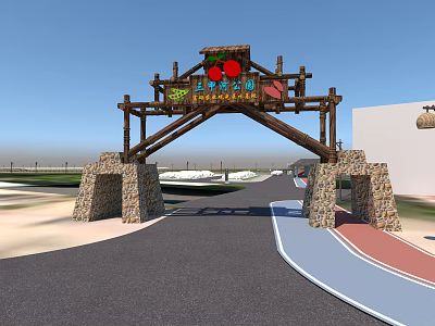 Garden Landscape Entrance Featuring Wooden Archway Stone Pillars And Colorful Decorations 3d model